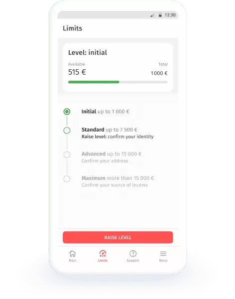Limit verification screen in the KoronaPay app