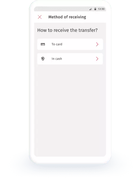 The screen for selecting the method of receiving the transfer in the KoronaPay application
