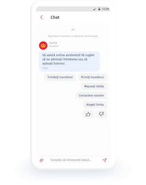 Ecran de Chat cu suport tehnic în aplicația KoronaPay