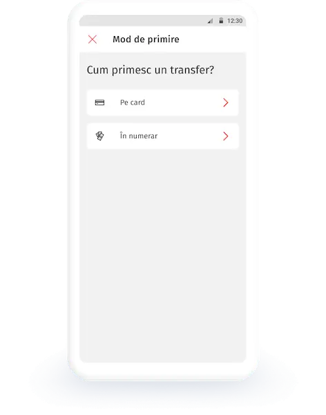 Ecranul pentru selectarea metodei de primire a transferului în aplicația KoronaPay