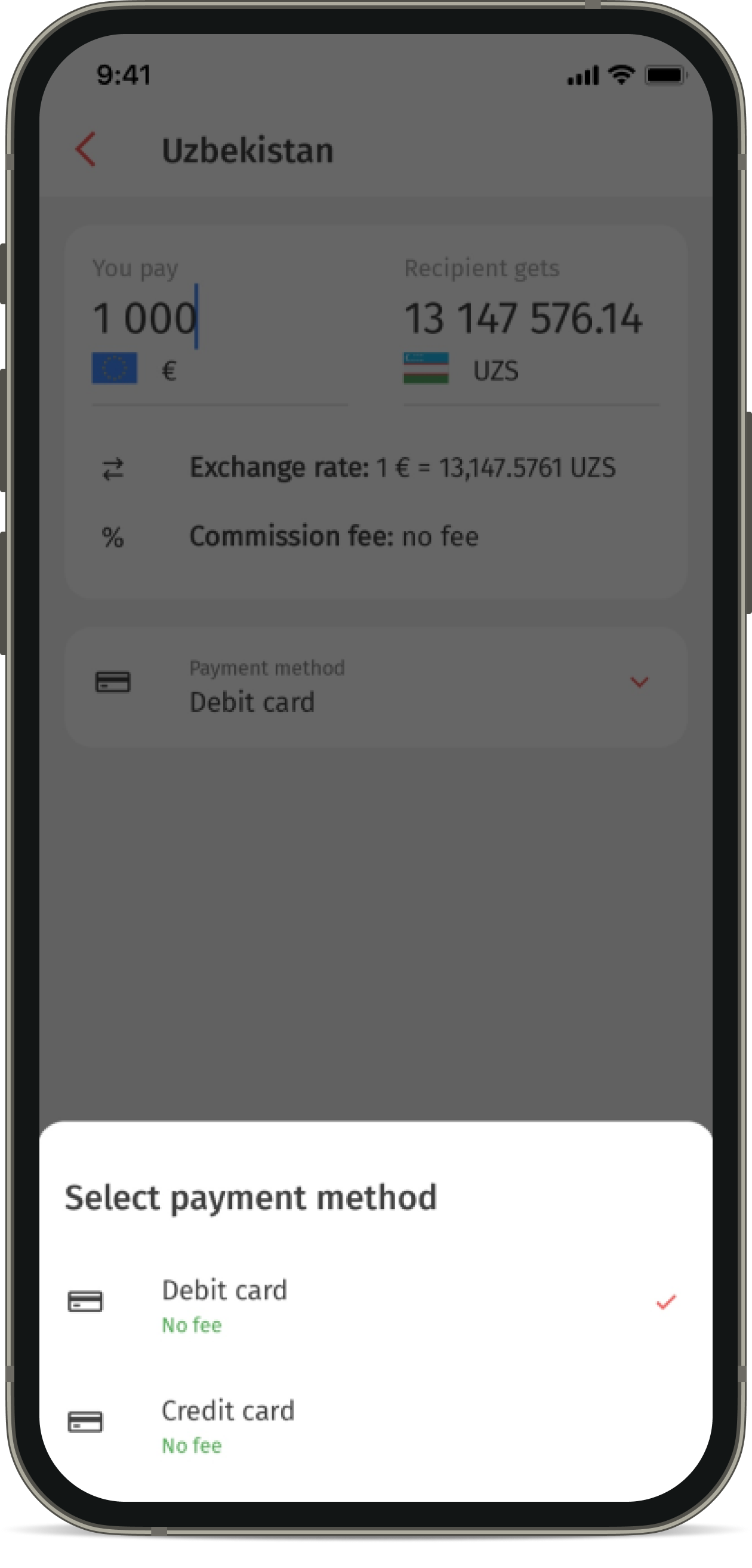 Payment methods for transfers in the Korona app