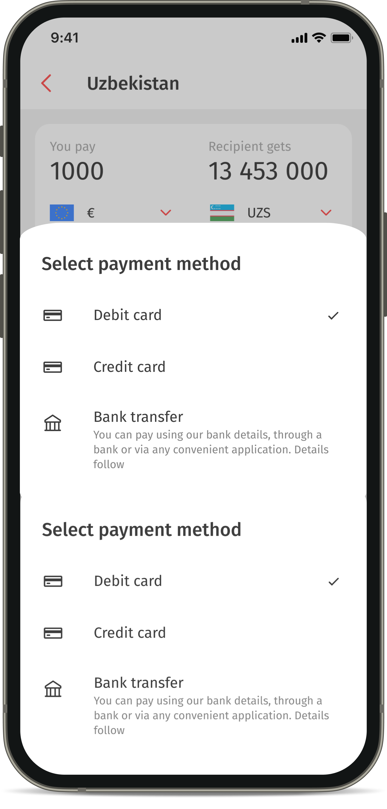 Payment methods for transfers in the Korona app