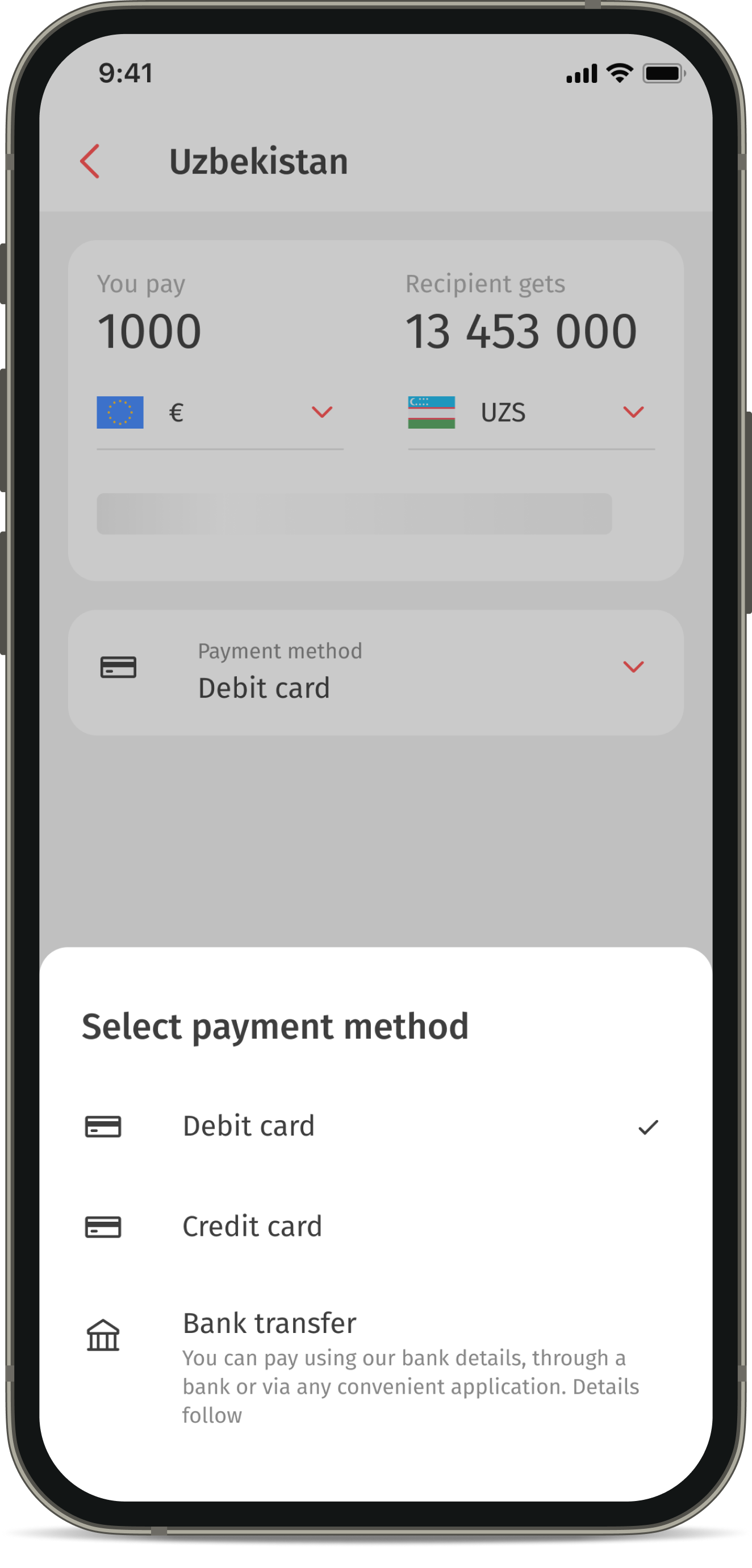 Payment methods for transfers in the Korona app